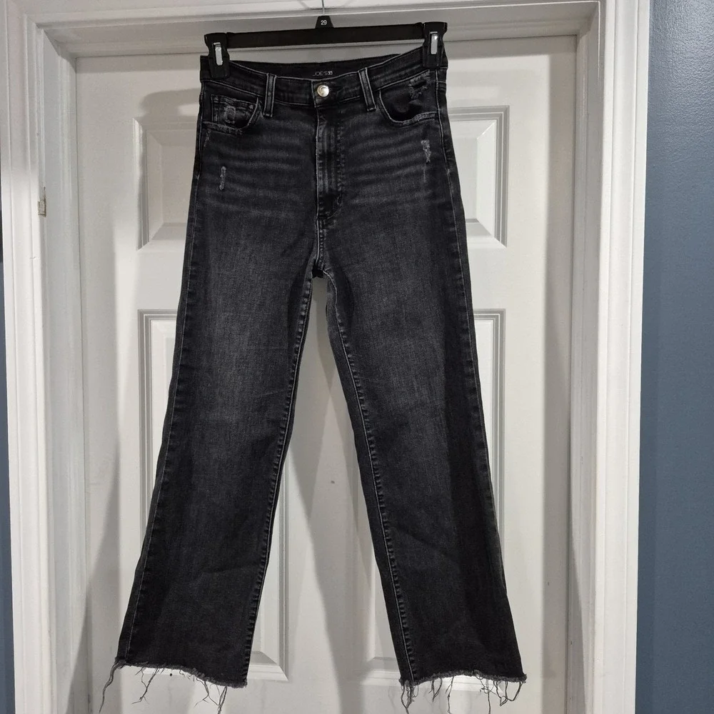 Joe's Jeans Womens 27 Washed Black High Rise Wide Leg Cropped Distressed Raw Hem